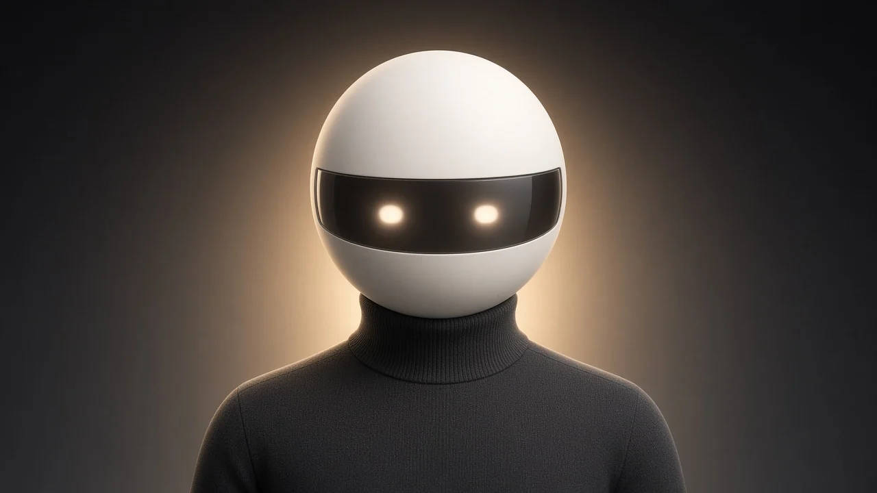 The Taste agent: porcelain head, dark visor, charcoal turtleneck